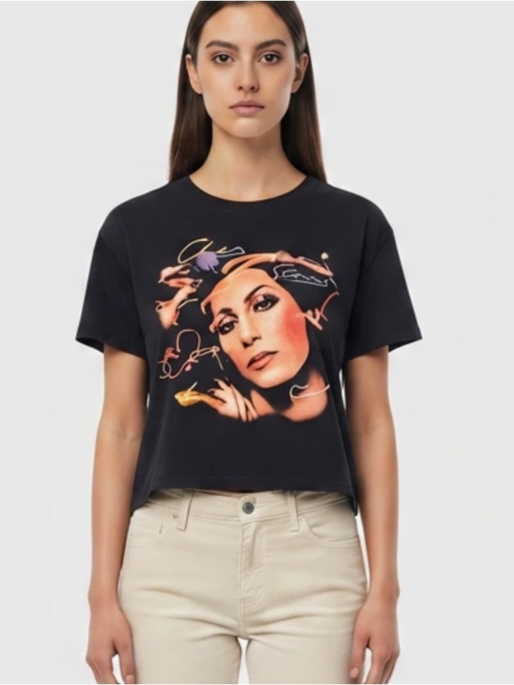 Cher Black Graphic Crop Tee with Artistic Portrait